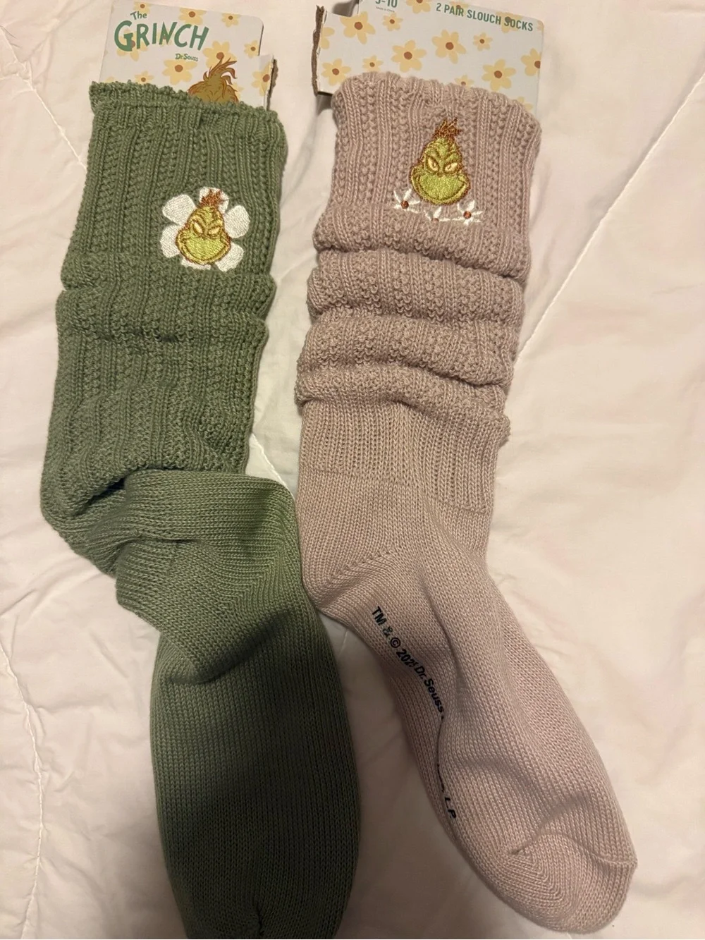 Grinch two pair Women’s  Ribbed Slouch Socks - Green and Light Pink